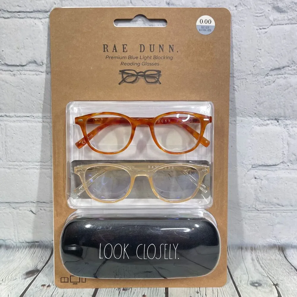 Rae Dunn Premium Blue Light Blocking 0.00 2 Glasses + Case Brown Ivory